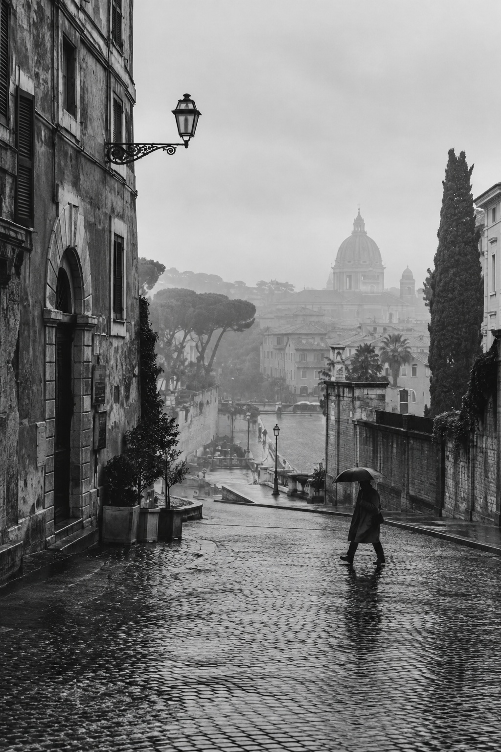 A solitary figure crossing a rain-darkened street in Rome